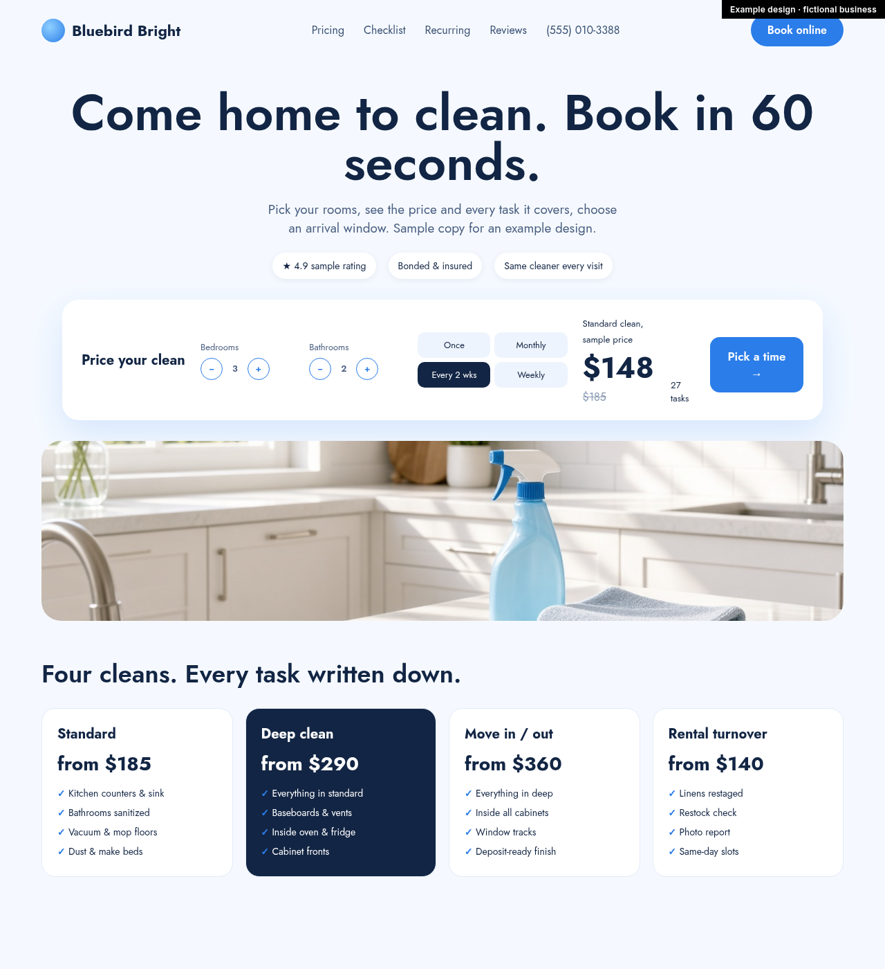 Example design for a fictional business: Bluebird Bright Cleaning