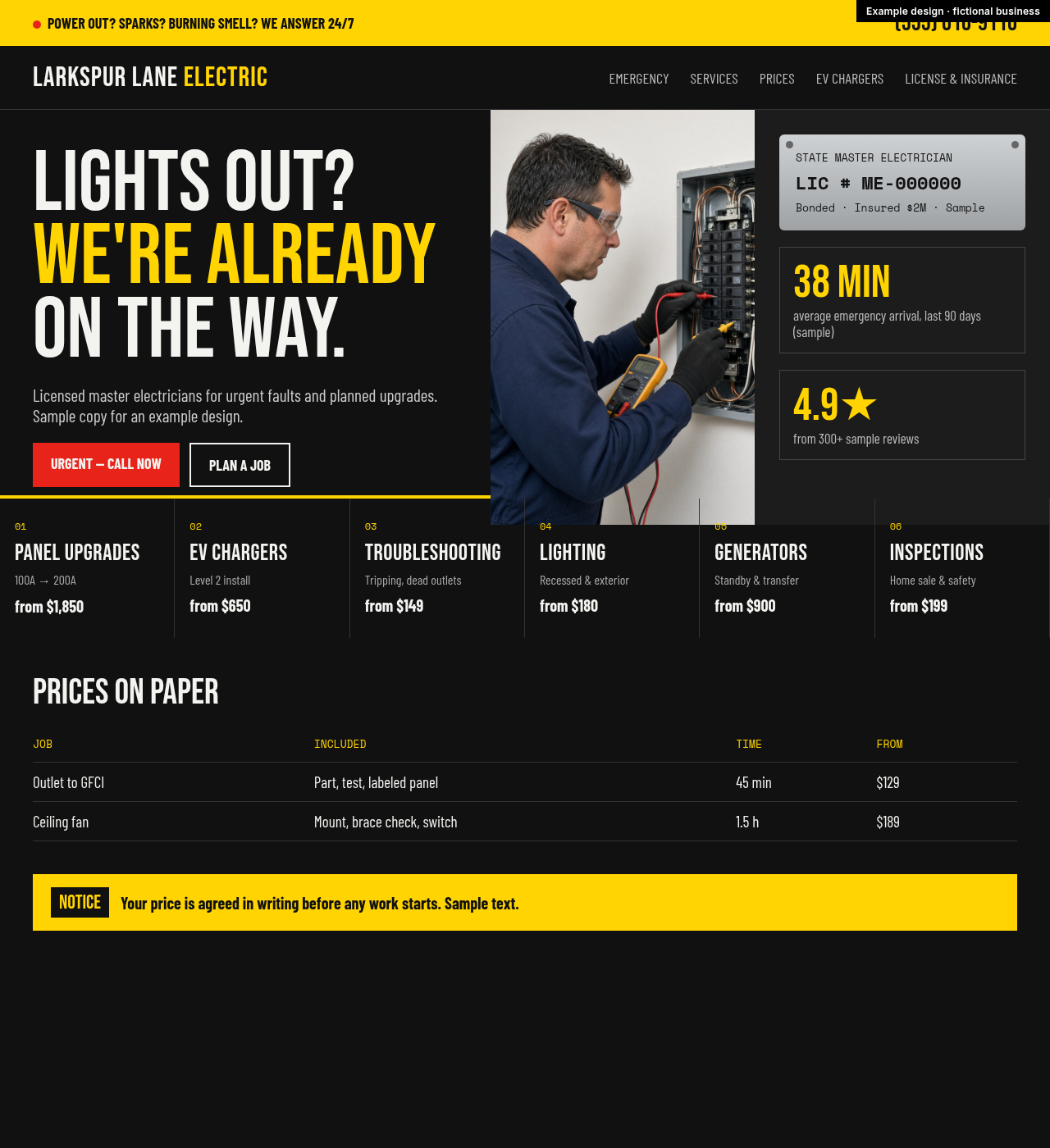 Example design for a fictional business: Larkspur Lane Electric