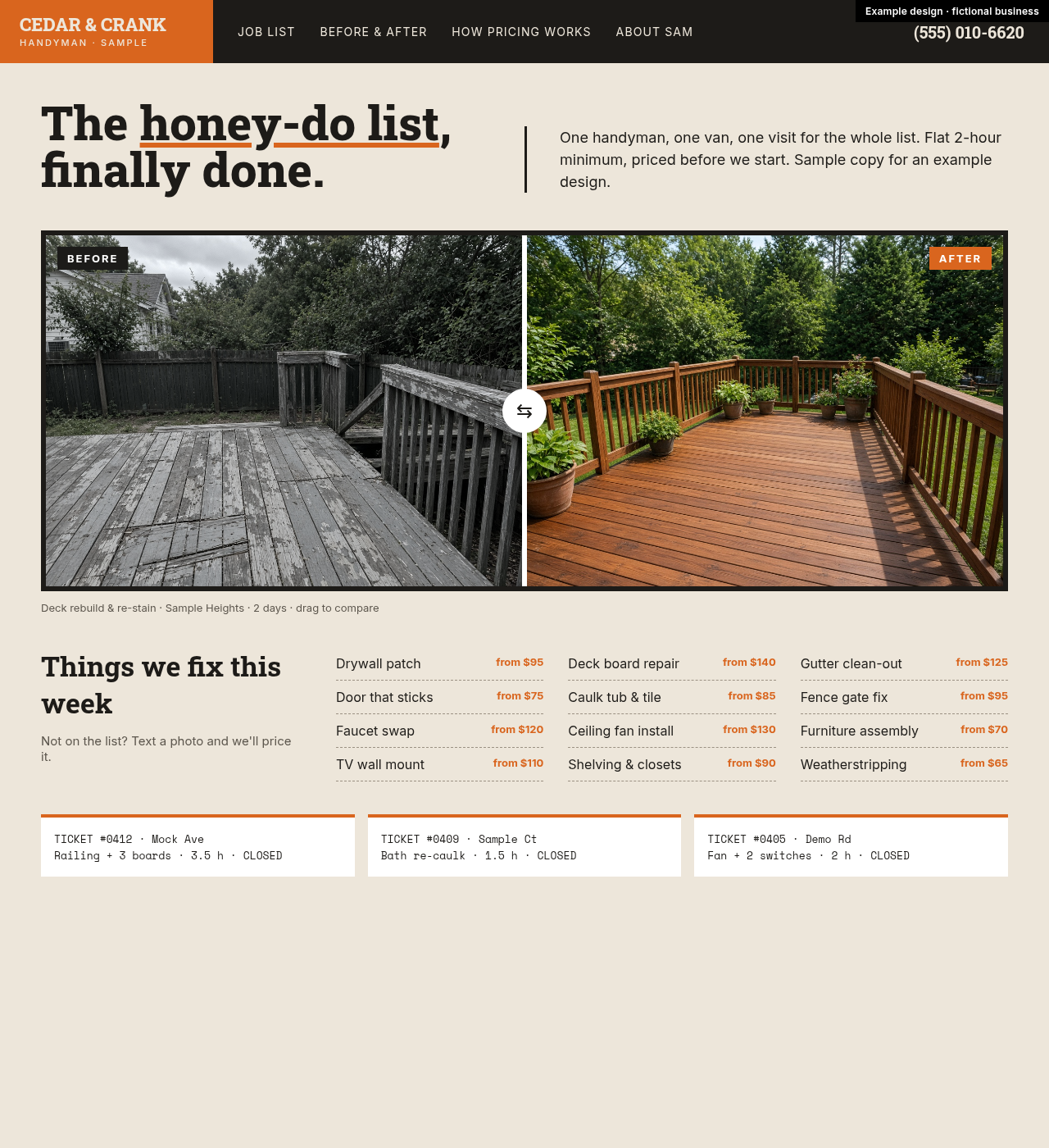 Example design for a fictional business: Cedar & Crank Handyman