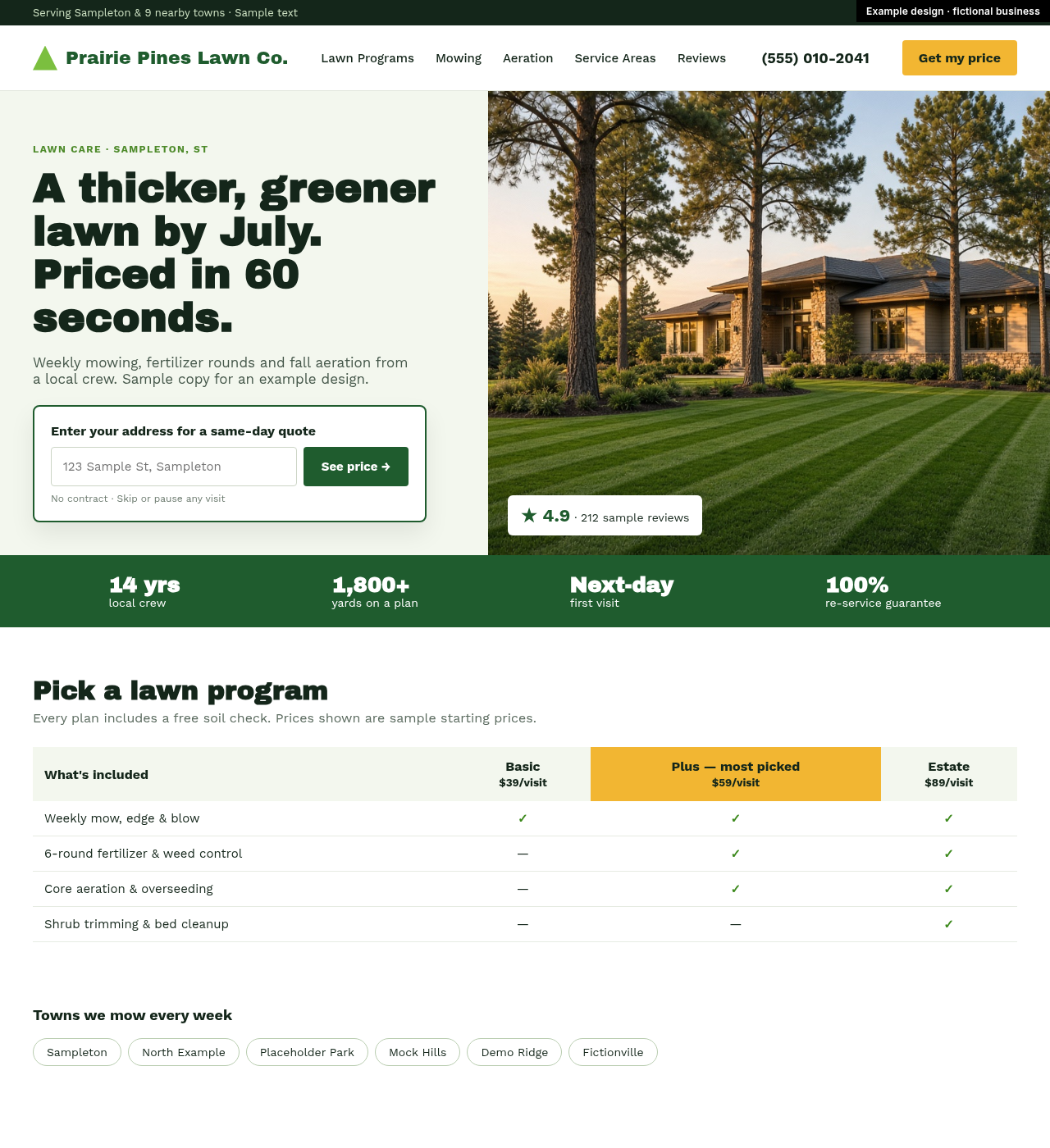 Example design for a fictional business: Prairie Pines Lawn Co.