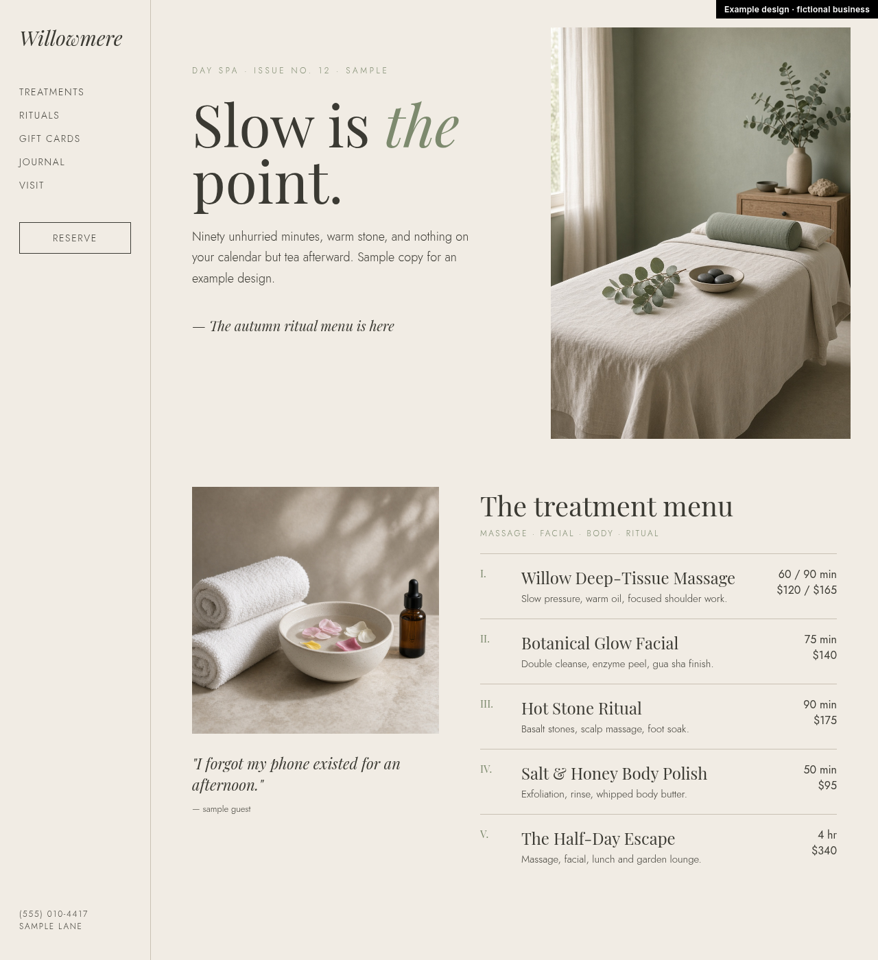 Example design for a fictional business: Willowmere Day Spa